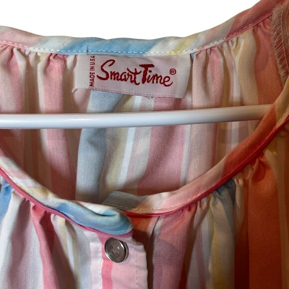 Vintage Smart Time Striped Short Sleeve Button Front House Dress With Embroidere - Picture 5 of 6